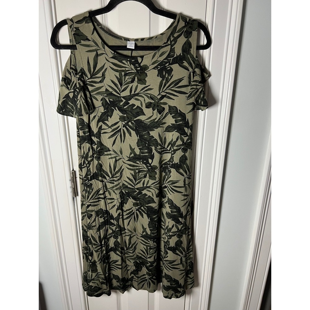 Old Navy Womens XS Green Tropical Palm Print Cold Shoulder Shift T-Shirt Dress